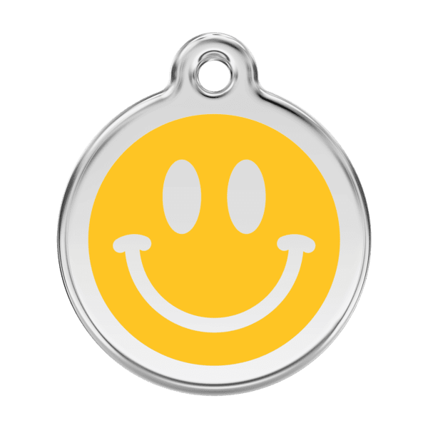 Vue avant - Médaille personnalisée pour chien Red Dingo Smiley jaune en émail et acier inoxydable - Taille L - Réf : 01-SM-YE-LG