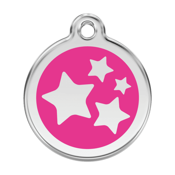 Vue avant - Médaille personnalisée pour chien Red Dingo Émail et acier inoxydable - Motif étoile - Rose vif - Taille L