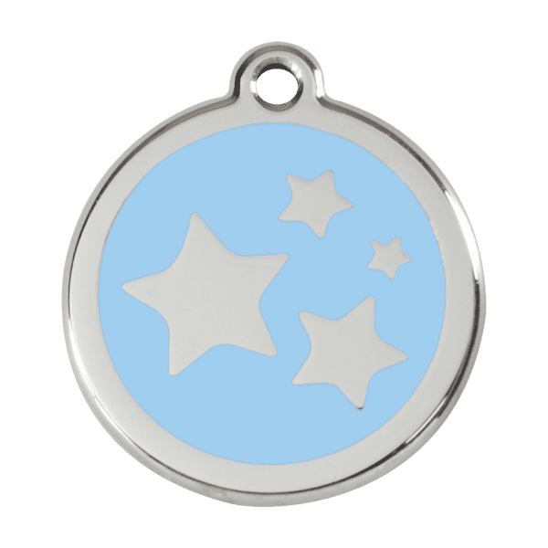 Vue avant - Médaille personnalisée pour chien Red Dingo Émail et acier inoxydable - Motif étoile - Bleu clair - Taille L