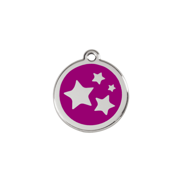 Vue avant - Médaille personnalisable pour chien/chat Red Dingo Émail et acier inoxydable - Motif étoile violet - Taille S