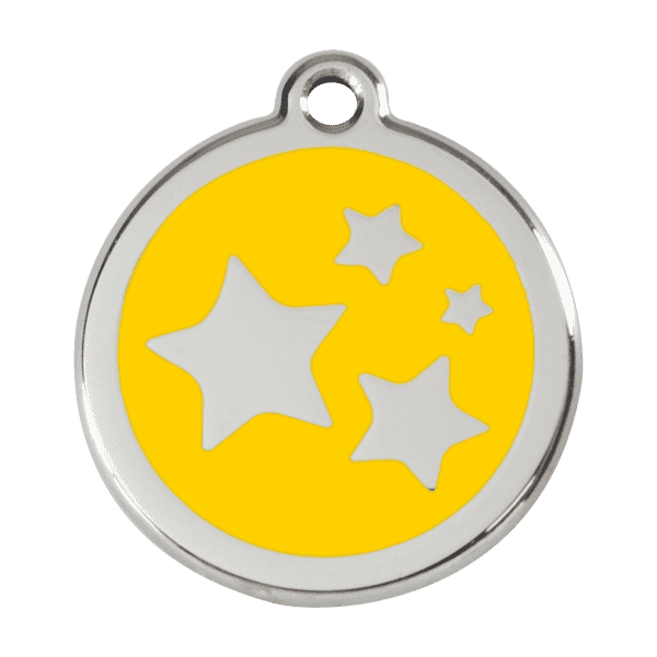 Vue avant - Médaille personnalisée pour chien ou chat - Red Dingo Émail et acier inoxydable - Motif étoile jaune - Taille L