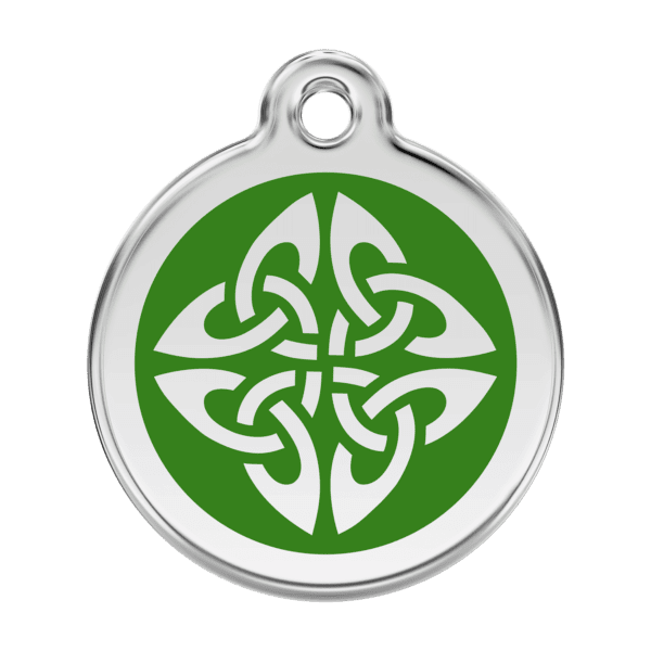 Vue avant - Médaille personnalisée pour chien Red Dingo en émail et acier inoxydable - Motif flèches tribales vert - Taille L