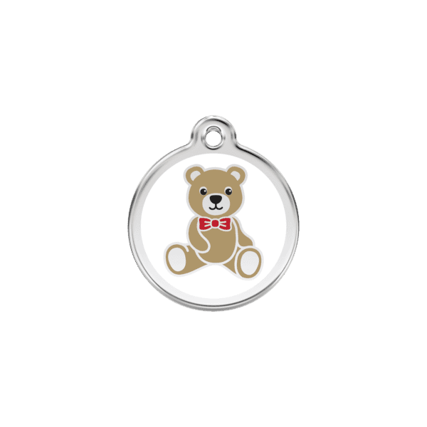 Vue avant - Médaille personnalisable Red Dingo Émail et acier inoxydable - Ours en peluche blanc - Taille S