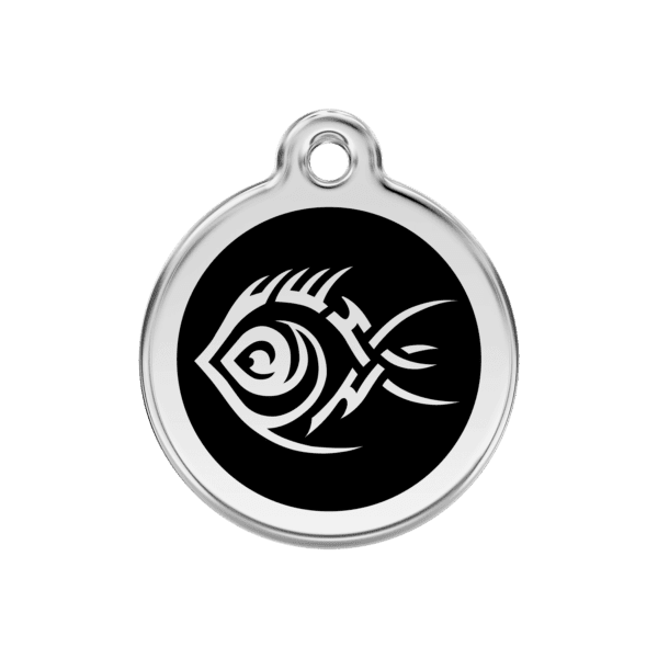 Vue avant - Médaille personnalisée pour chien ou chat Red Dingo Émail et acier inoxydable Poisson tribal Noir 30.00mm