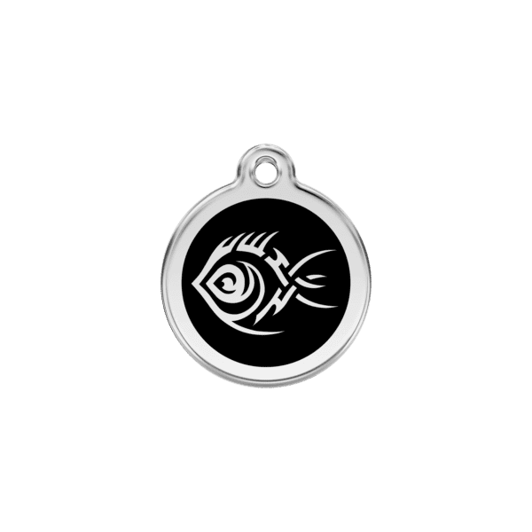 Vue avant - Médaille personnalisée pour chien/chat Red Dingo Émail et acier inoxydable - Poisson tribal - Noir - Taille S