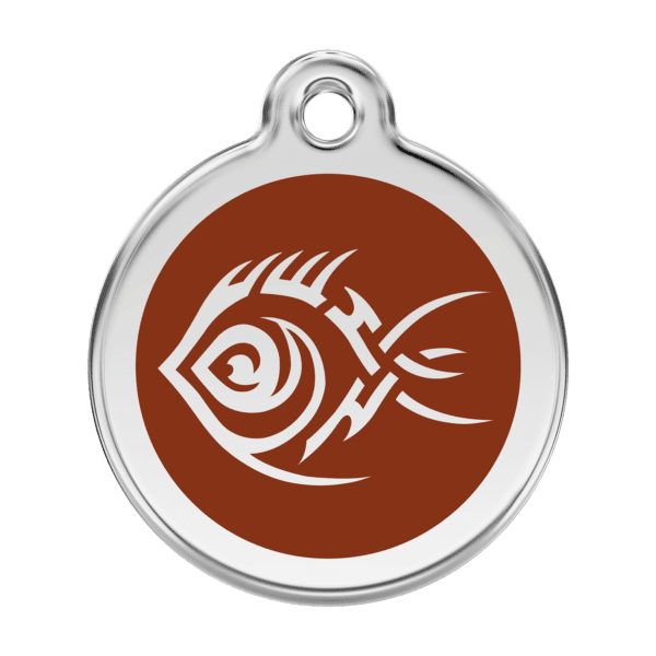 Vue avant - Médaille personnalisée pour chien Red Dingo Émail et acier inoxydable Poisson tribal Brun - Taille L