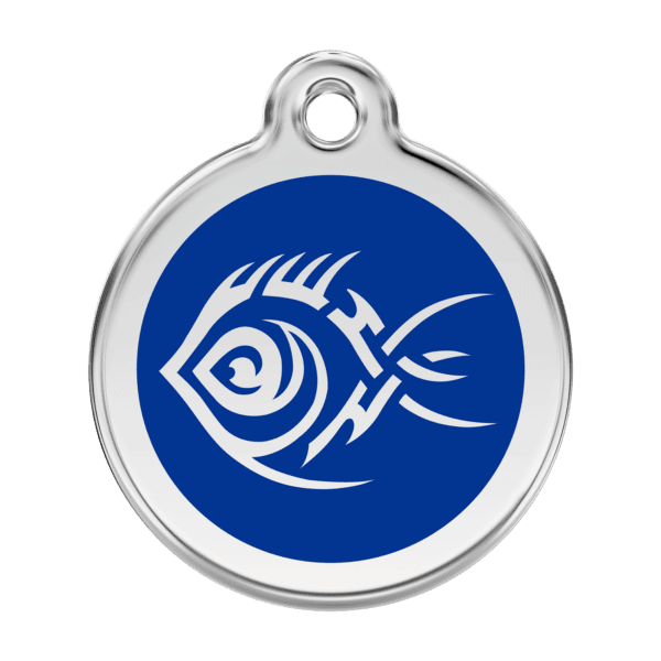 Vue avant - Médaille personnalisée pour chien Red Dingo Émail et acier inoxydable Poisson tribal Bleu foncé - Taille L