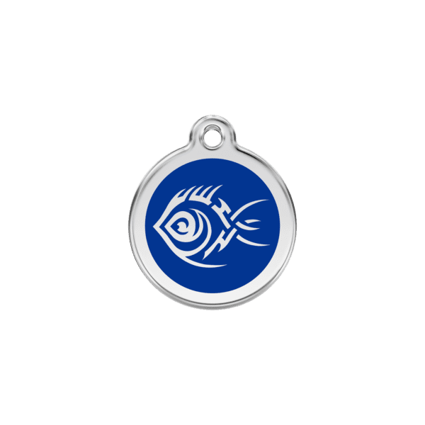 Vue avant - Médaille personnalisée pour chien/chat Red Dingo Émail/Acier inoxydable Poisson tribal Bleu foncé - Taille S