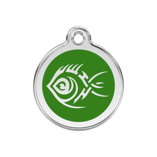 Vue avant - Médaille personnalisée pour chien/chat Red Dingo Émail et acier inoxydable - Motif Poisson tribal - Vert - Taille M