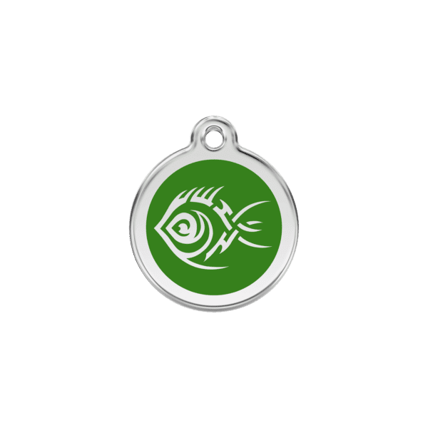 Vue avant - Médaille personnalisée pour chien/chat Red Dingo Émail et acier inoxydable - Poisson tribal - Vert - Taille S