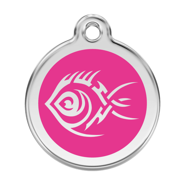 Vue avant - Médaille personnalisée pour chien Red Dingo Émail et acier inoxydable Poisson tribal Rose vif - Taille L