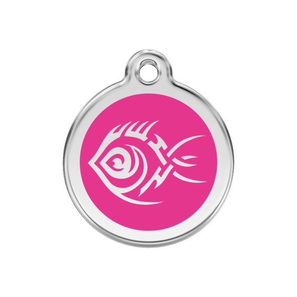 Vue avant - Médaille personnalisée pour chien Red Dingo Émail et acier inoxydable motif poisson tribal rose vif - Taille M