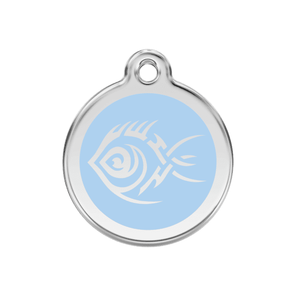 Vue avant - Médaille personnalisée pour chien Red Dingo Émail et acier inoxydable - Poisson tribal - Bleu clair - Taille M