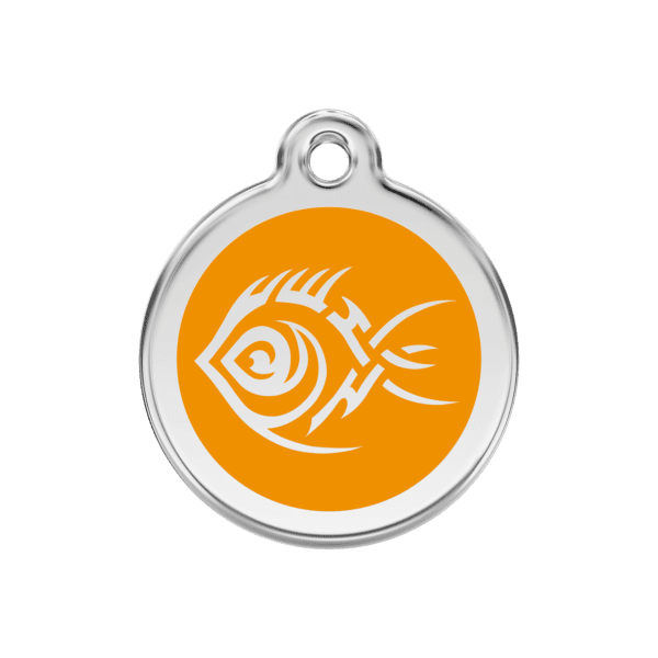 Vue avant - Médaille personnalisée pour chien Red Dingo Émail et acier inoxydable motif poisson tribal orange - Taille M