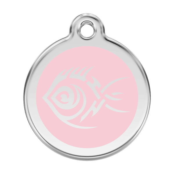 Vue avant - Médaille personnalisée pour chien Red Dingo Émail et acier inoxydable - Poisson tribal - Rose - Taille L