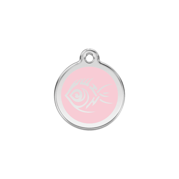 Vue avant - Médaille personnalisable en émail et acier inoxydable pour chat - Motif poisson tribal rose - Red Dingo 01-TF-PK-SM