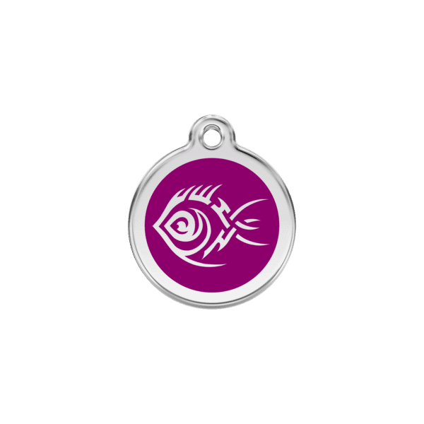 Vue avant - Médaille personnalisée pour chat Red Dingo Émail et acier inoxydable - Motif Poisson tribal - Violet - Taille S