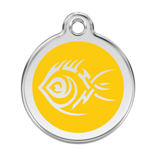 Vue avant - Médaille personnalisée pour chien Red Dingo Émail et acier inoxydable - Poisson tribal Jaune - Taille L