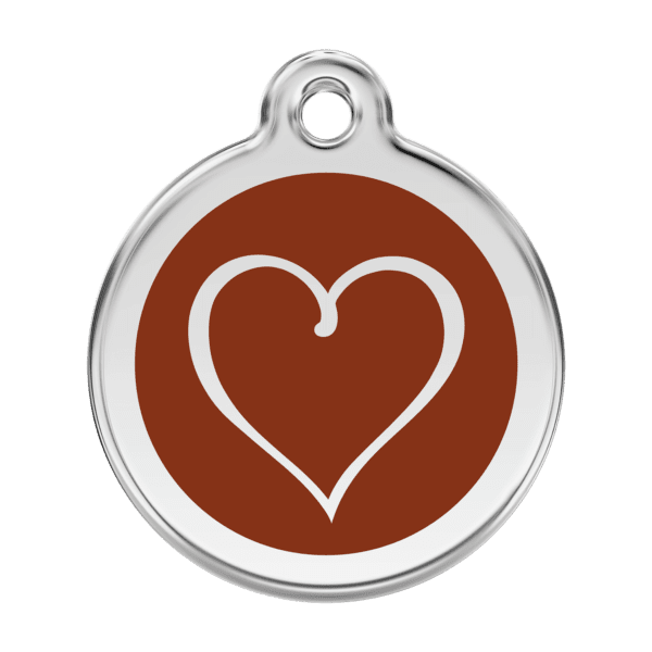 Vue avant - Médaille personnalisable pour chien Red Dingo Émail et acier inoxydable - Coeur Tribal Brun - Taille L