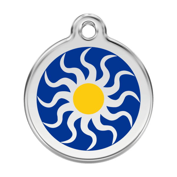 Vue avant - Médaille personnalisée pour chien Red Dingo Émail et acier inoxydable - Soleil tribal - Bleu foncé - Taille L