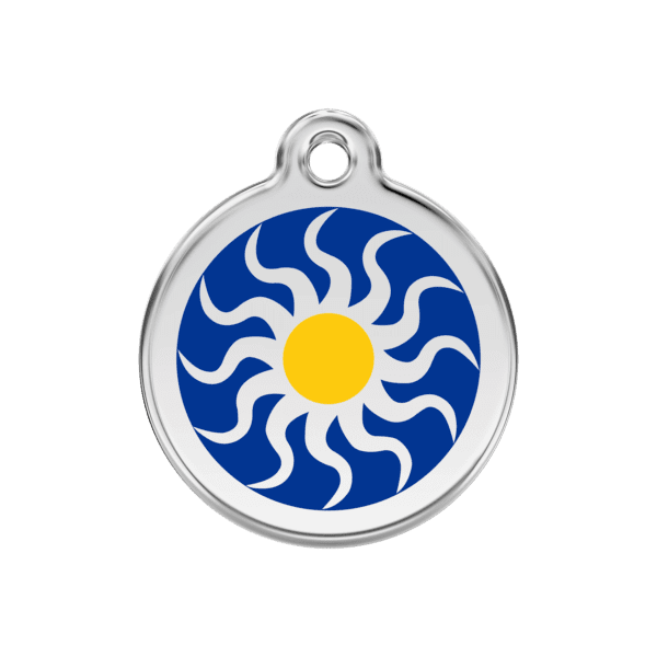 Vue avant - Médaille personnalisée pour chien/chat Red Dingo Émail/Acier inoxydable Soleil Tribal Bleu foncé - Taille M