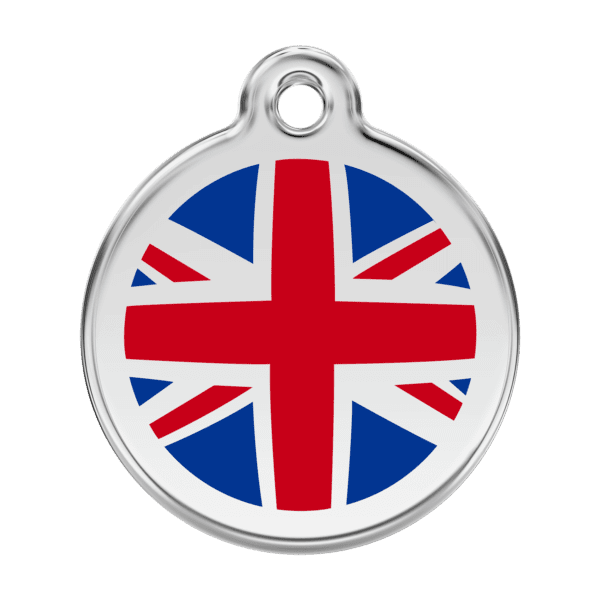 Vue avant - Médaille personnalisée pour chien Red Dingo Émail et acier inoxydable Drapeau britannique Bleu foncé - Taille L