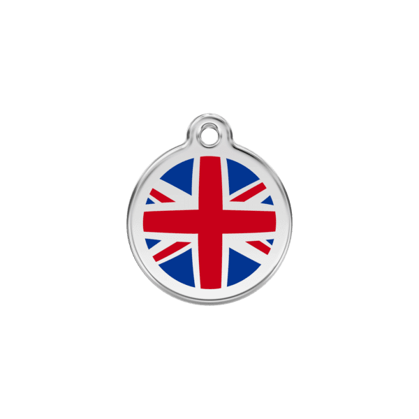 Vue avant - Médaille personnalisée pour chien/chat Red Dingo Émail/Acier inoxydable Drapeau britannique Bleu foncé - Taille S - 01-UK-DB-SM