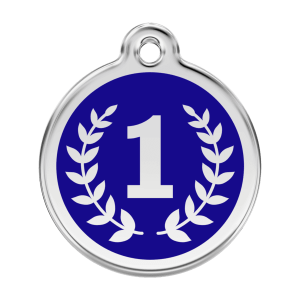 Vue avant - Médaille personnalisée pour chien Red Dingo Émail et acier inoxydable - Motif Gagnant - Bleu foncé - Taille L