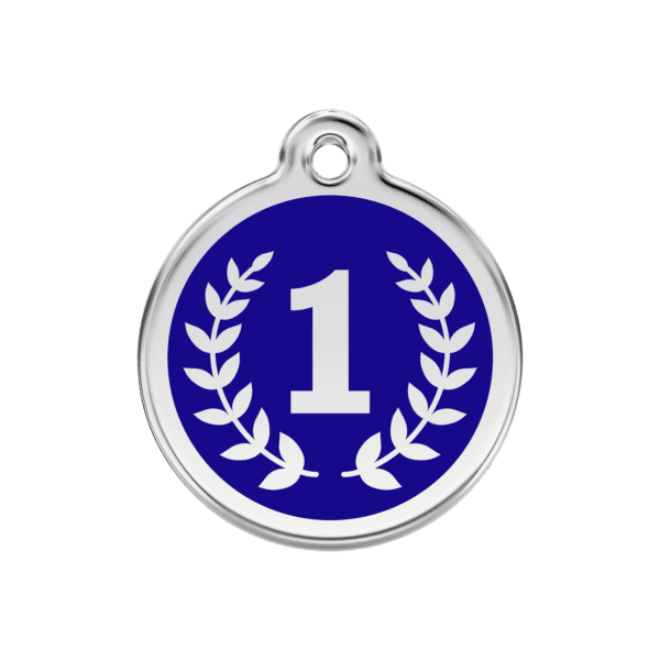 Vue avant - Médaille personnalisée pour chien Red Dingo Émail et acier inoxydable - Motif Gagnant - Bleu foncé - Taille M