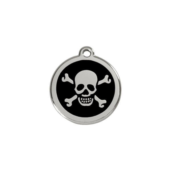 Vue avant - Médaille personnalisée pour chien/chat Red Dingo Émail et acier inoxydable - Tête de mort - Noir - Taille S