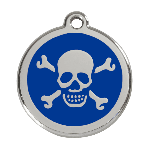 Vue avant - Médaille personnalisée pour chien Red Dingo Émail et acier inoxydable - Tête de mort - Bleu foncé - Taille L