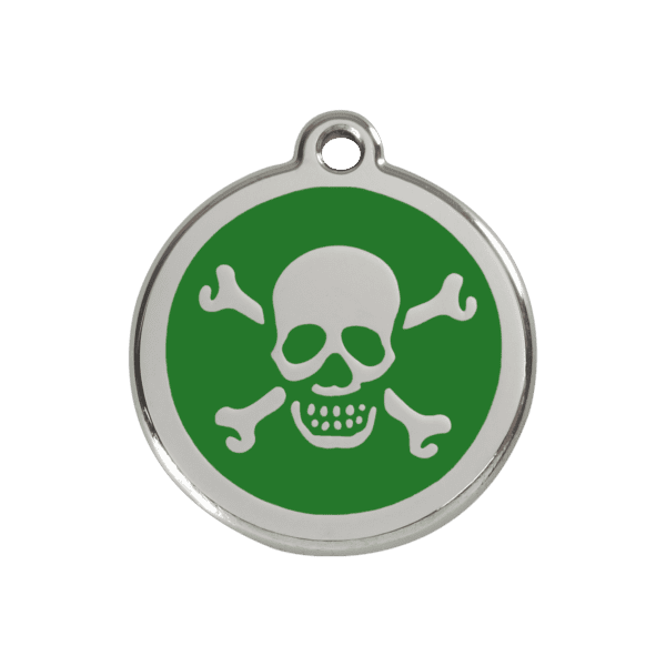 Vue avant - Médaille personnalisée pour chien/chat Red Dingo Émail et acier inoxydable - Tête de mort vert - Taille M