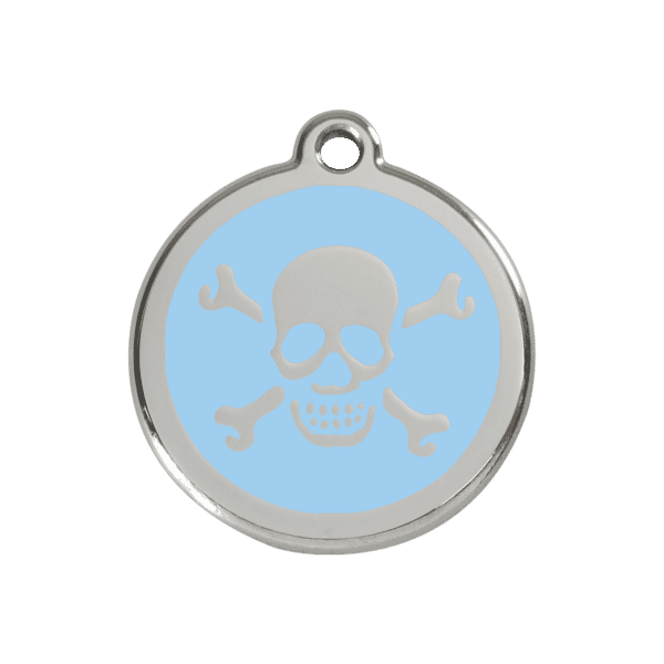 Vue avant - Médaille personnalisée pour chien Red Dingo Émail et acier inoxydable - Tête de mort bleu clair - Taille M