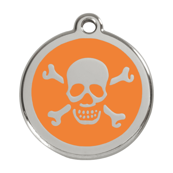 Vue avant - Médaille personnalisée pour chien Red Dingo Émail et acier inoxydable Orange Tête de mort L 38.00 24.7 G