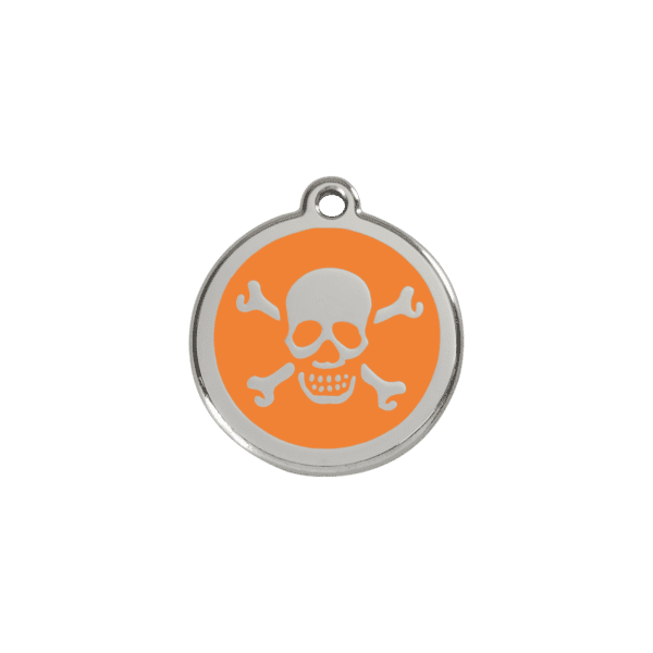 Vue avant - Médaille personnalisée pour chien/chat Red Dingo Émail et acier inoxydable - Tête de mort orange - Taille S