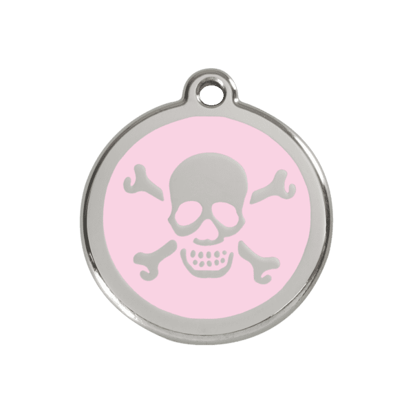 Vue avant - Médaille personnalisée pour chien/chat Red Dingo rose en émail et acier inoxydable - Tête de mort - Taille M