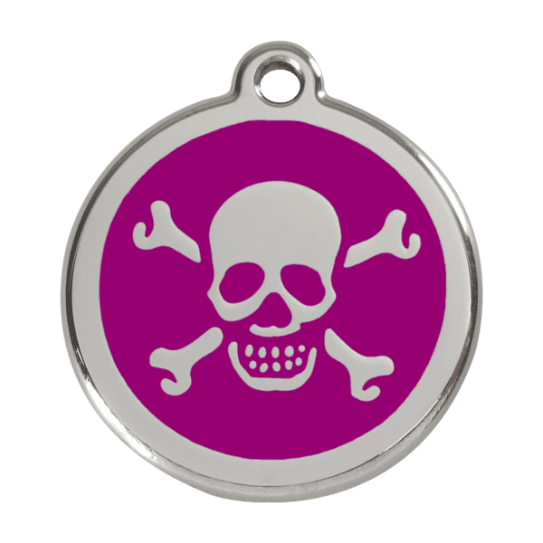 Vue avant - Médaille personnalisée pour chien Red Dingo Émail et acier inoxydable - Tête de mort violet - Taille L