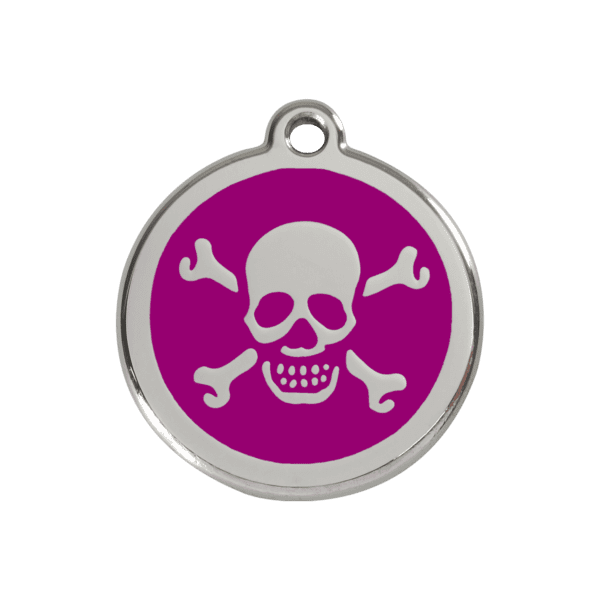 Vue avant - Médaille personnalisée pour chien ou chat - Red Dingo Émail et acier inoxydable - Tête de mort violet - Taille M