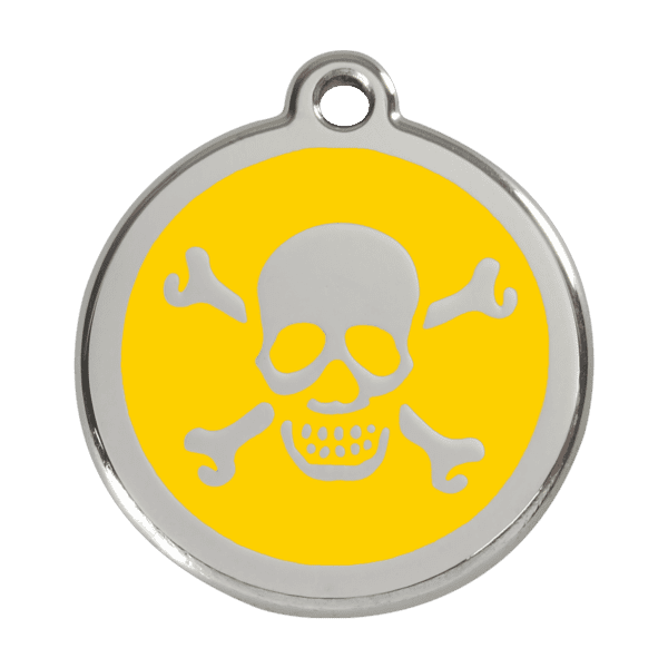 Vue avant - Médaille personnalisée pour chien ou chat - Red Dingo Émail et acier inoxydable - Tête de mort jaune - Taille L