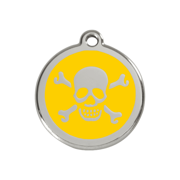 Vue avant - Médaille personnalisée pour chien/chat Red Dingo Émail/Acier Jaune 30mm - Tête de mort - Taille M