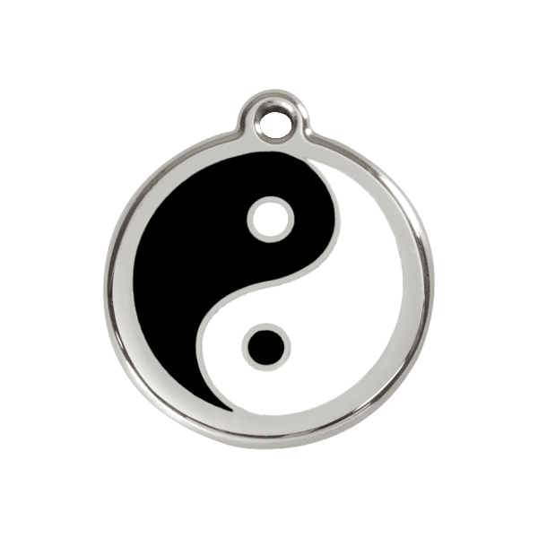 Vue avant - Médaille personnalisable pour chien ou chat Red Dingo Émail et acier inoxydable Ying et Yang Noir - Taille M