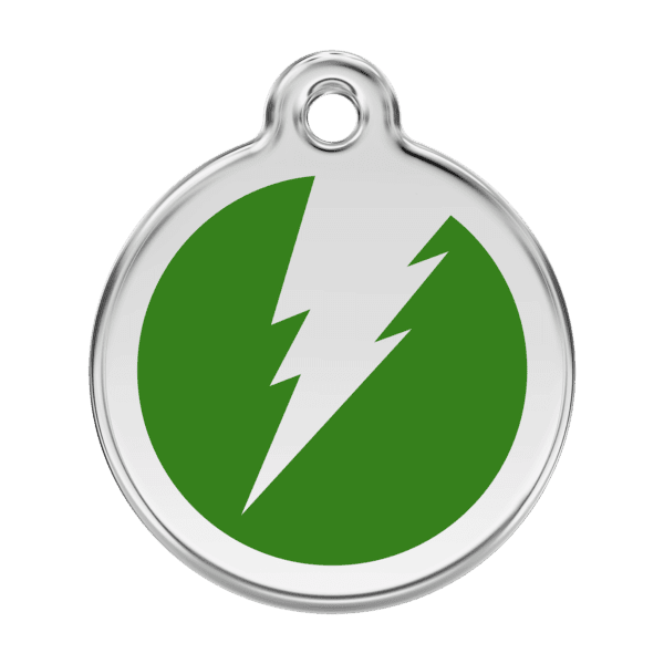 Vue avant - Médaille personnalisée pour chien en émail et acier inoxydable - Design éclair vert - Taille L - Red Dingo