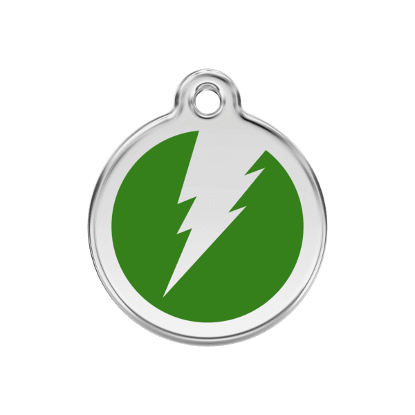 Vue avant - Médaille personnalisée pour chien en émail et acier inoxydable Red Dingo - Motif éclair vert - Taille M