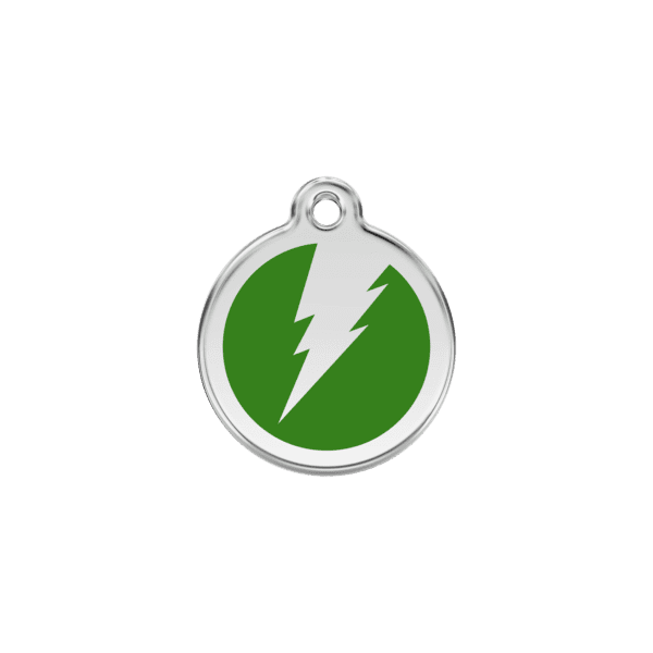 Vue avant - Médaille personnalisable pour chien/chat Red Dingo Émail et acier inoxydable - Motif éclair vert - Taille S