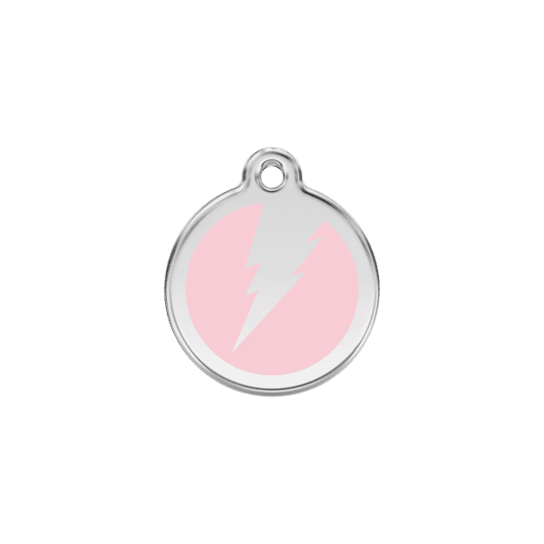 Vue avant - Médaille personnalisée pour chat en émail et acier inoxydable - Red Dingo - Motif éclair rose - Taille S - 01-ZF-PK-SM