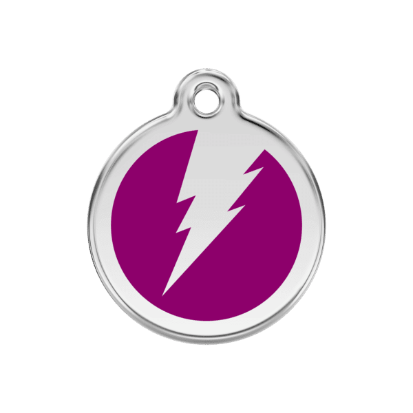 Vue avant - Médaille personnalisée pour chien/chat Red Dingo Émail et acier inoxydable - Motif éclair Violet - Taille M