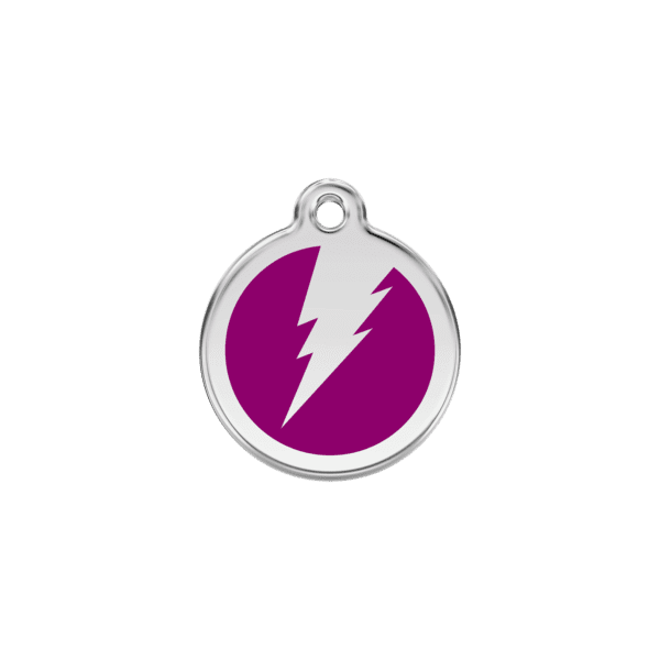 Vue avant - Médaille personnalisée pour chien/chat Red Dingo Émail et acier inoxydable - Motif éclair violet - Taille S - Référence : 01-ZF-PU-SM