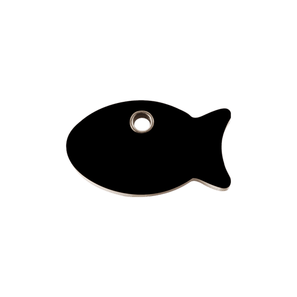 Vue avant - Médaille personnalisable pour chat Red Dingo Plastique Plat Poisson Noir Taille S