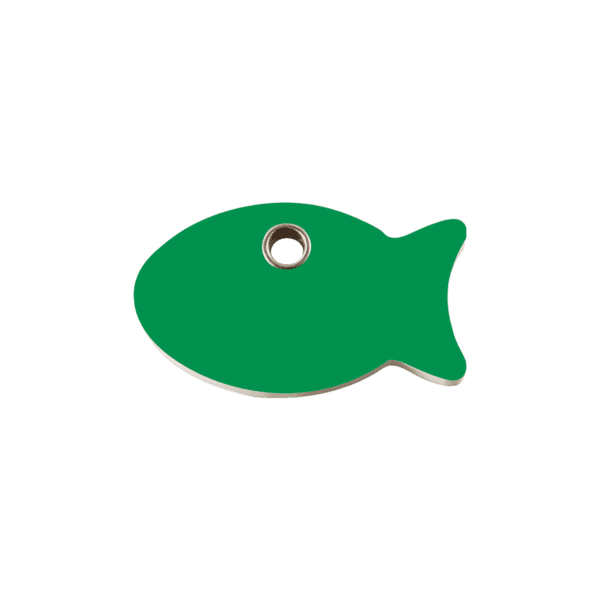 Vue avant - Médaille personnalisée pour chat Red Dingo Plastique plat motif poisson vert - Taille S