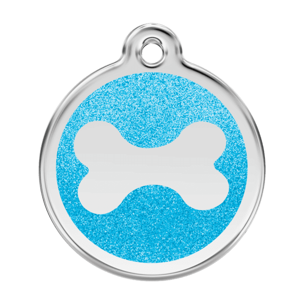 Vue avant - Médaille personnalisable pour chien Red Dingo Émail pailleté et acier inoxydable - Os scintillant - Aqua - Taille L